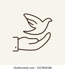 Dove in hand line icon. Flying pigeon and human palm. Volunteering concept. Can be used for topics like environment, animals, nature, peace