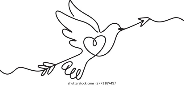 dove, heart, arrow one line vector illustration art hand draw. one line art icon drawing vector
