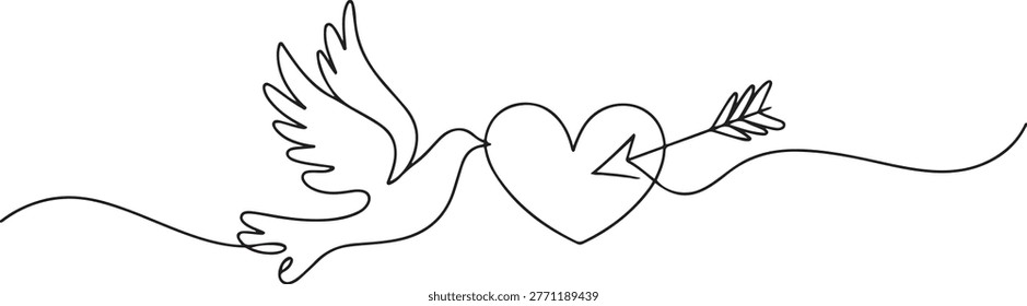 dove, heart, arrow one line vector illustration art hand draw. one line art icon drawing vector
