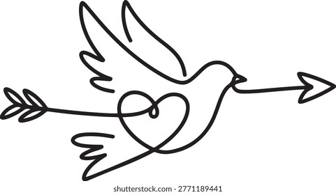 dove, heart, arrow one line vector illustration art hand draw. one line art icon drawing vector
