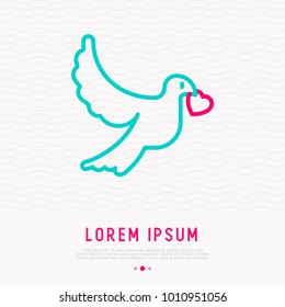 Dove with heart in the beak thin line icon. Modern vector illustration, symbol of love at Valentine's day or wedding.