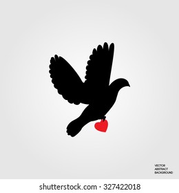 Dove with a heart. Dove brings love. Love message. Dove silhouette. Red heart