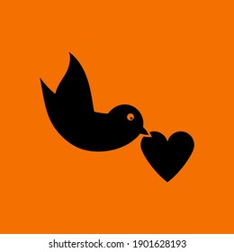 Dove With Heart Icon. Black on Orange Background. Vector Illustration.