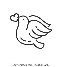 A dove with a heart, linear icon. Line with editable stroke