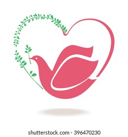Dove and heart spring. Symbol of peace. Symbol of Love. Symbol of life.