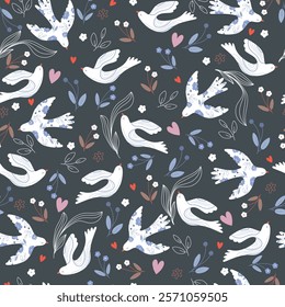 Dove, hearts and flowers pattern. Seamless pattern with birds, leaves, flowers and hearts, love pattern. Vector ilustration for fabric, Valentine's Day, card.