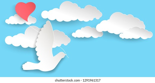 Dove and heart.White, fluffy clouds.   Origami Happy Valentine's day greeting card. Flying bird of love in the style of a paper cut. heart as a balloon. Vector illustration.