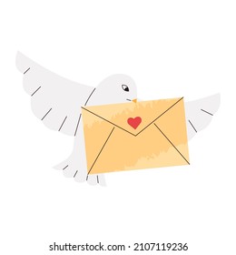 Dove hold in beak love letter. Valentine's day. Flat vector illustration
