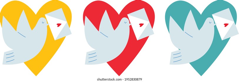 Dove holding a love letter flat vector. Love message illustration. Letter in an envelope cartoon illustration. Love icon set.