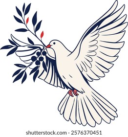 Dove holding an olive branch in flat design, symbolizing peace and harmony