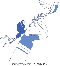 Dove holding an olive branch in flat design, symbolizing peace and harmony