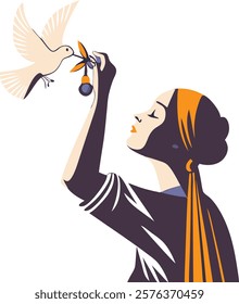 Dove holding an olive branch in flat design, symbolizing peace and harmony