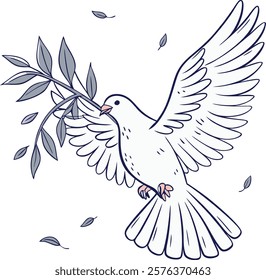 Dove holding an olive branch in flat design, symbolizing peace and harmony