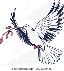 Dove holding an olive branch in flat design, symbolizing peace and harmony
