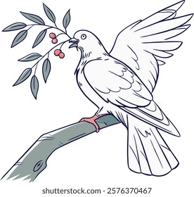 Dove holding an olive branch in flat design, symbolizing peace and harmony