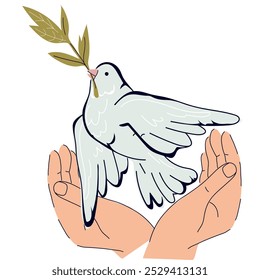 Dove holding an olive branch in human hands for Peace concept. Banner design with dove for peace and no war concept, flat vector illustration isolated on white background.