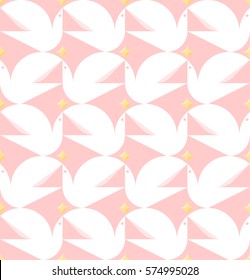 Dove holding star. Flat style vector seamless pattern with white pigeons on pink background