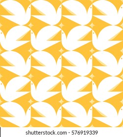 Dove holding star. Flat style vector seamless pattern with white pigeons on yellow background