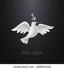 Dove Holy Spirit with olive branch vector poster. Christian holiday Pentecost Trinity Sunday concept. Church sacrament symbol. Pentecost greeting. Biblical flying spiritual dove religious illustration