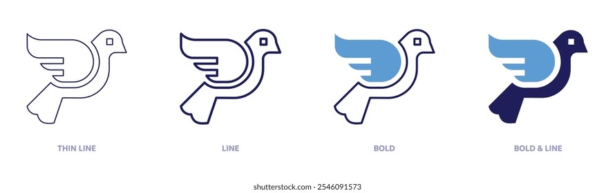 Dove icon in 4 different styles. Thin Line, Line, Bold, and Bold Line. Duotone style. Editable stroke.