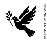 Dove icon. Black silhouette of a dove in flight carrying an olive branch on a white background. Peace symbol. Religious icon. Vector illustration.