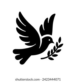 Dove icon. Black silhouette of a dove in flight carrying an olive branch on a white background. Peace symbol. Religious icon. Vector illustration.