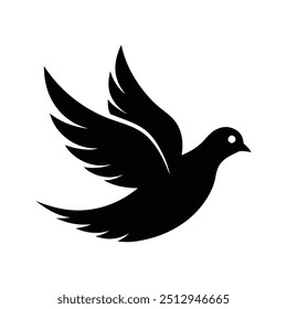 Dove icon. Black silhouette of a dove in flight carrying an olive branch on a white background. Peace symbol. Religious icon. Vector illustration.