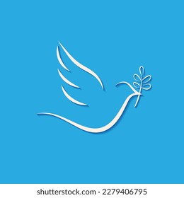 Dove icon with a branch. Vector illustration of a dove of peace flying with a branch on a blue background. Sketch for creativity.