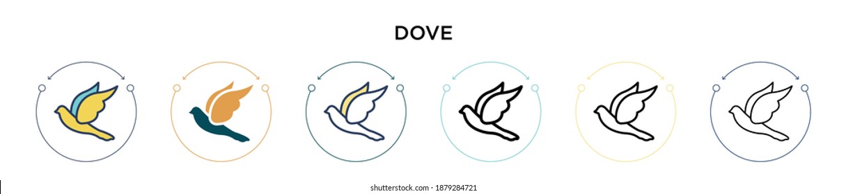 Dove icon in filled, thin line, outline and stroke style. Vector illustration of two colored and black dove vector icons designs can be used for mobile, ui, web