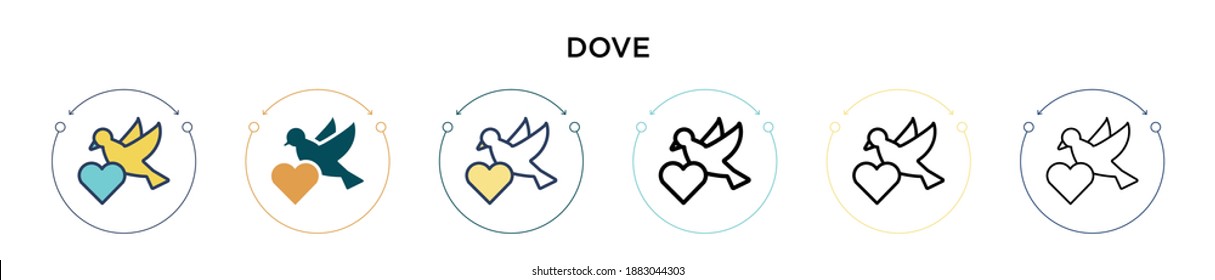 Dove icon in filled, thin line, outline and stroke style. Vector illustration of two colored and black dove vector icons designs can be used for mobile, ui, web