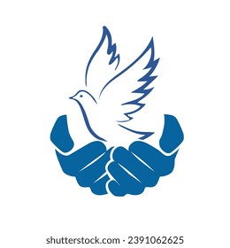 Dove icon with hand and olive leaf symbol. Care and peace concept sign. Christian bird in flight vector illustration.