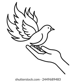 Dove icon with hand and olive leaf symbol. Care and peace concept sign. Christian bird in flight vector illustration