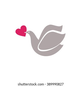 Dove Icon with Heart. Logo Template.