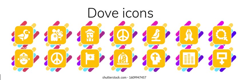 dove icon set. 14 filled dove icons.  Simple modern icons such as: Bird, Priest, Pigeon, Peace, Jesus, Christian, Dove, Faith, Prayer, Equalizer, Rosary