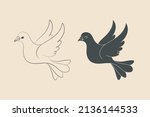 Dove icon set. Peace symbol, logo cartoon style. Outline black outline, black silhouette illustrations. Vector