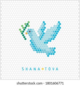 Dove icon shaped honeycomb. Flat design for greeting card, invitation, poster, web, sticker and t-shirt. Jewish new year holiday Rosh Hashanah Vector illustration. Shana tova text