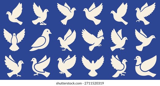 Cuadrícula de iconos de paloma con palomas en varias poses como volar encaramado y con alas