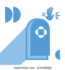 Dove icons, peace and easter symbol. Vector flat flying bird with an olive branch, door, geometric semicircle elements illustration on white background for web, postcards, posters.