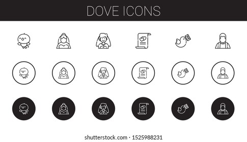 dove icons set. Collection of dove with bird, bride, marriage, pigeon, priest. Editable and scalable dove icons.