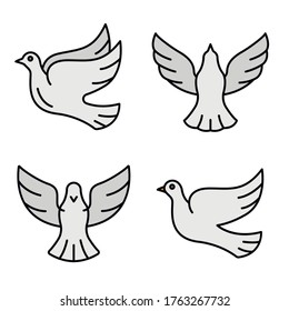 Dove icons set. Outline set of dove vector icons thin line color flat isolated on white
