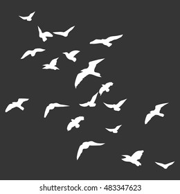 Dove isolated icon on black background. Symbol of peace. A flock of birds go up silhouette. Design element for print, clothes, shirt, banner, booklet, website, design project. Vector illustration.