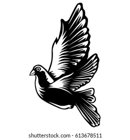 Dove isolated on white vector illustration. Bird emblem. Black and white bird logo. Simple wild life image.