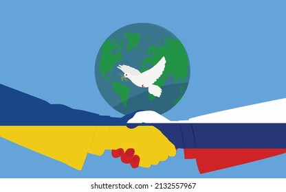 dove with laurel in its mouth flies over planet earth while Ukraine and Russia shake hands