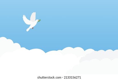 dove with laurel in its mouth flies in the sky next to white clouds