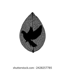Dove in leaf silhouette. Basis graphics universal on white background