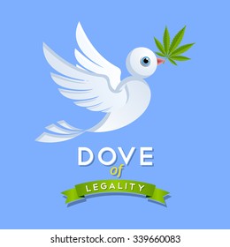 Dove of legality with marijuana leaf on blue sky background
