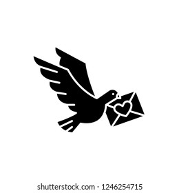 Dove with a letter black icon, vector sign on isolated background. Dove with a letter concept symbol, illustration 