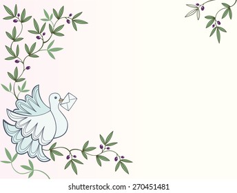 Dove with letter sitting on an olive tree background