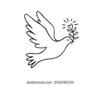 Dove line art. Flying dove of peace pigeon doodle outline logo drawing. Dove for greeting card, banner, flyer, poster. Vector illustration