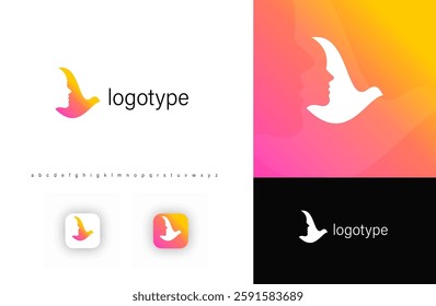 Dove logo with female face profile silhouette, symbolizing peace, freedom, beauty and harmony. Ideal for wellness, mental health, beauty, spiritual branding. Modern vector logo template. 